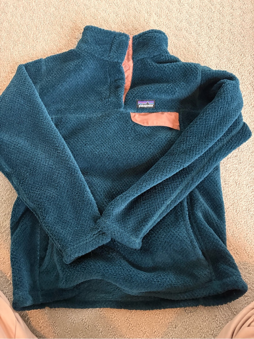Patagonia Teal Sherpa Pullover with Coral Trim
